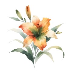 Watercolor drawing of yellow day lily flower, orange blossom petal