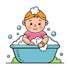 baby washing vector art illustration