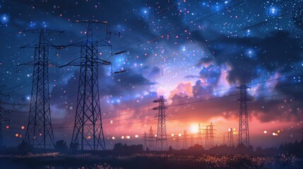 High voltage power lines and towers against a starry sky with glowing light beams in the background, depicting an energy industry concept. A highly detailed illustration.
