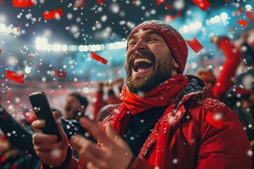 Portrait of happy screaming man at football stadium with phone in hands. Betting on sports. Victory in lottery, online betting on sports, bookmaking companies, predictions, sporting events
