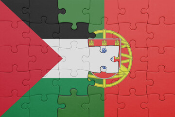 puzzle with the colourful national flag of portugal and flag of palestine.