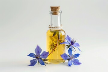 bottle of borage oil with borage on plain white background from Generative AI 