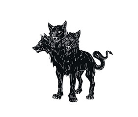 Cerberus vector illustration. Multi-headed dog. Mythical creature. A dog with three heads. Terrible monster. Creature from Greek mythology.  Fantastic character.
