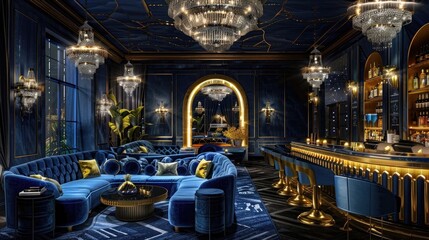 interior design of an art deco bar with velvet sofas, chandeliers and gold details in blue tones with retro style lighting, the space is designed - Powered by Adobe