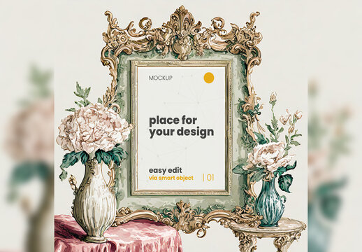 Elegant Illustrated Baroque Scene Poster Frame Mockup 04 Generative Ai
