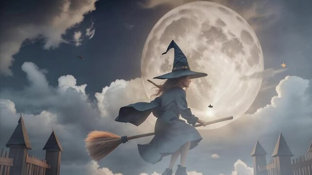 Witch Flying on Her Broom in the Moonlight 4K features an A.I. Generated video of a witch flying on her broom over an old city with a full moon in the sky.