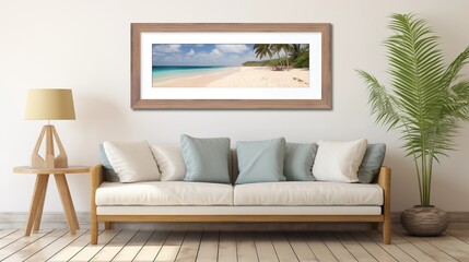 Modern living room with beach-themed artwork and cozy furniture