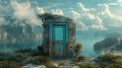 surreal doorway fantasy, a mysterious door unveils a surreal landscape where reality merges with fantasy, beckoning you to venture into the realm of imaginations illusion