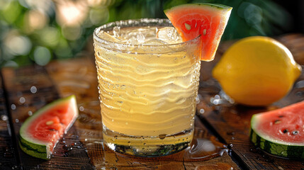 A frosty glass of lemonade with a bright red slice of watermelon, summer time concept, generative ai
