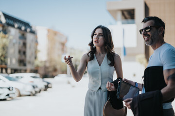 A man and woman engage in conversation while walking together in a lively cityscape on a bright day.