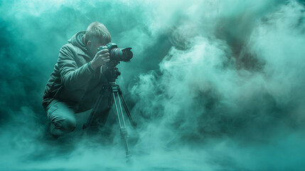 Fototapeta premium A man kneels while holding a camera, carefully framing his shot with a focused expression, surrounded by cyan colored smoke