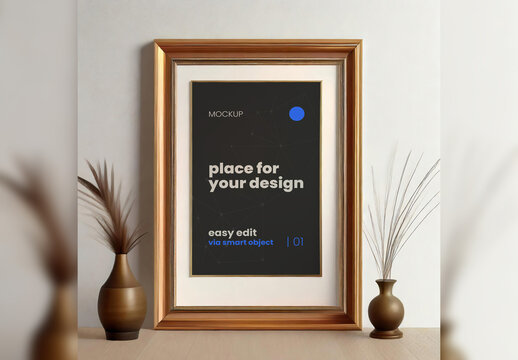 Elegant Wooden Frame Poster Mockup 03 Generative Ai