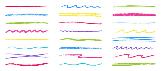 Chalk lines, charcoal highlight strokes doodle set. Pencil underlines, kids crayon strips, brush line in sketch style. Grunge texture. Hand drawn vector illustration isolated on white background