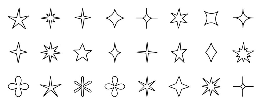 Stars and sparkles doodle set. Twinkle, blink, firework, glitter silhouette and glowing symbols in sketch style. Hand drawn vector illustration isolated on white background