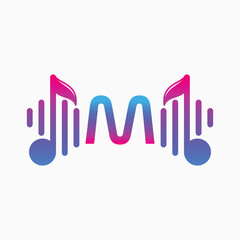letter M Logo with Pulse music player element. Logo template electronic music, equalizer, dj, nightclub, disco. Audio wave logo concept, Multimedia