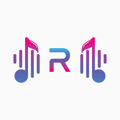 letter R Logo with Pulse music player element. Logo template electronic music, equalizer, dj, nightclub, disco. Audio wave logo concept, Multimedia