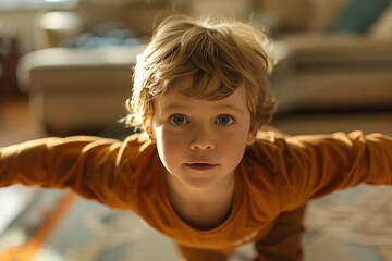 Young child in a playful pose imitating flight, with stylish interior background