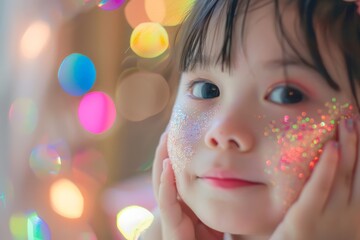 Fototapeta premium An adorable child with glitter on her face looks dreamy against a background of colorful bokeh lights