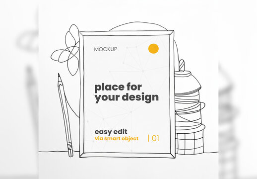 Frame Poster Mockup Linear Digital Illustration Hand made Doodle Style Generative Ai
