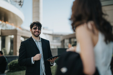 An image of business professionals in a discussion, with a city backdrop, capturing a sense of...