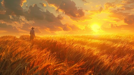 Fototapeta premium A photorealistic portrayal showcases the dedication of a farmer. Beads of sweat glisten on their brow as they work tirelessly to harvest a field of golden wheat
