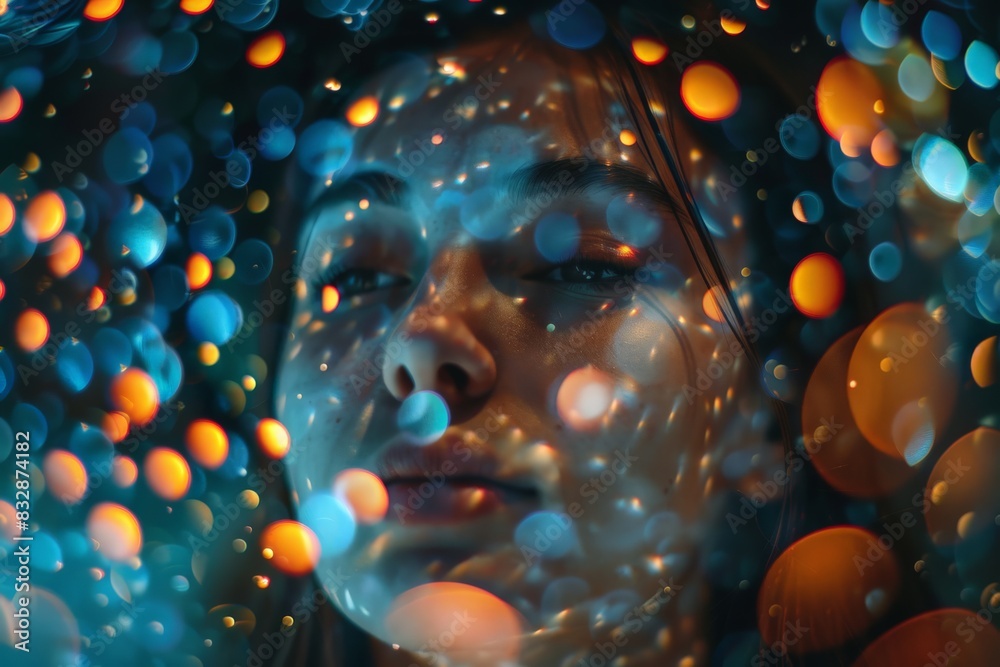 Poster Abstract background featuring vibrant bokeh lights with a grey rectangular area for copy