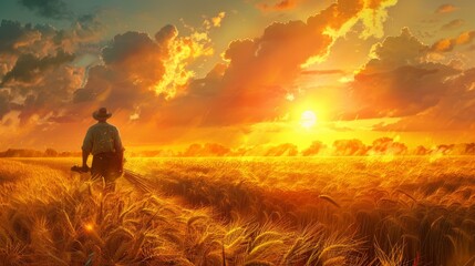 A photorealistic portrayal captures the essence of hard work. A sun-drenched farmer, their brow glistening with sweat, diligently gathers bundles of golden wheat