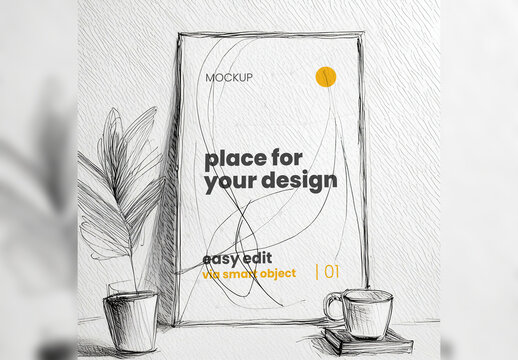 Frame Poster Mockup Linear Digital Illustration Handmade Doodle Style Generative Ai
