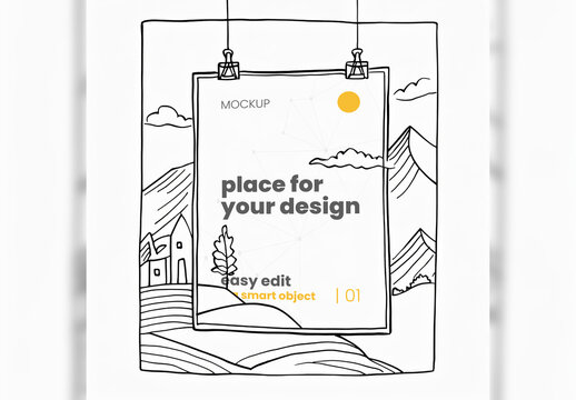 Frame Poster Mockup Linear Digital Illustration Handmade Style Generative Ai