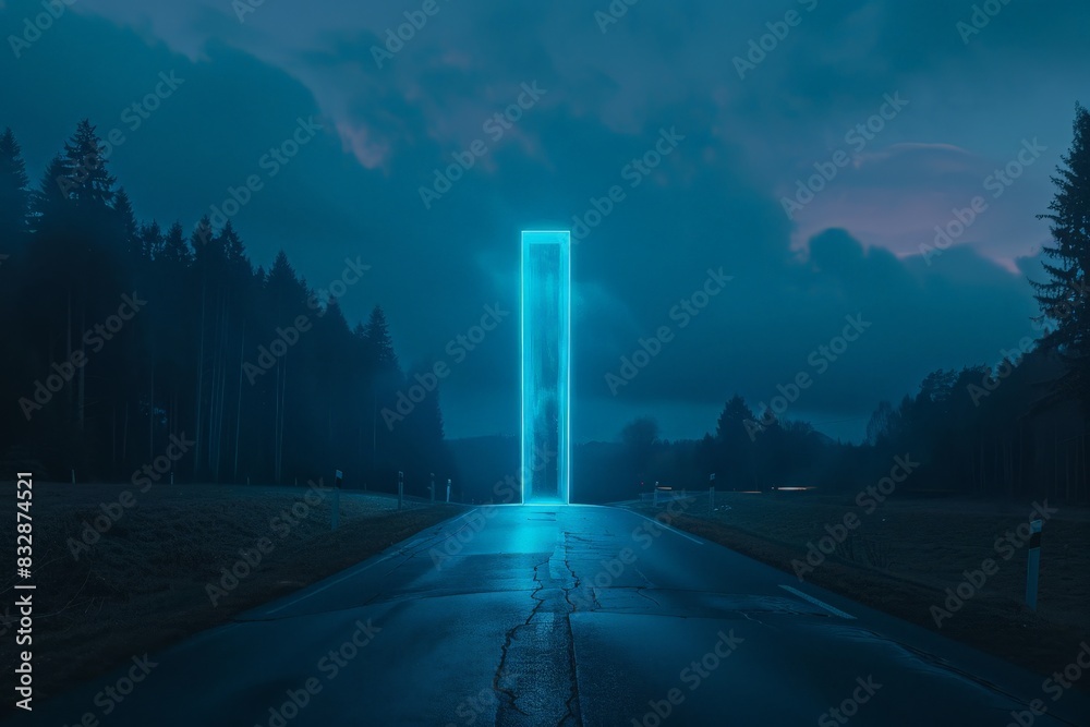 Poster a serene night scene with a bright, tall glowing rectangle resembling a portal on an empty road, sur
