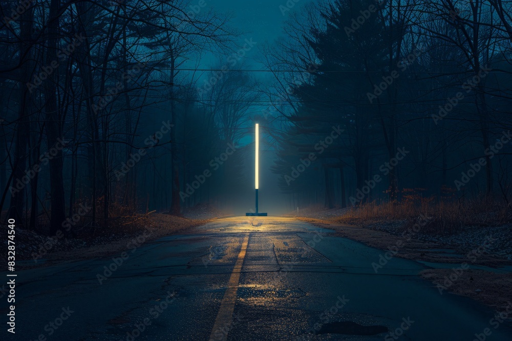 Poster An enigmatic image of a brightly-lit vertical monolith on a foggy country road amidst a backdrop of a dense and dark forest setting