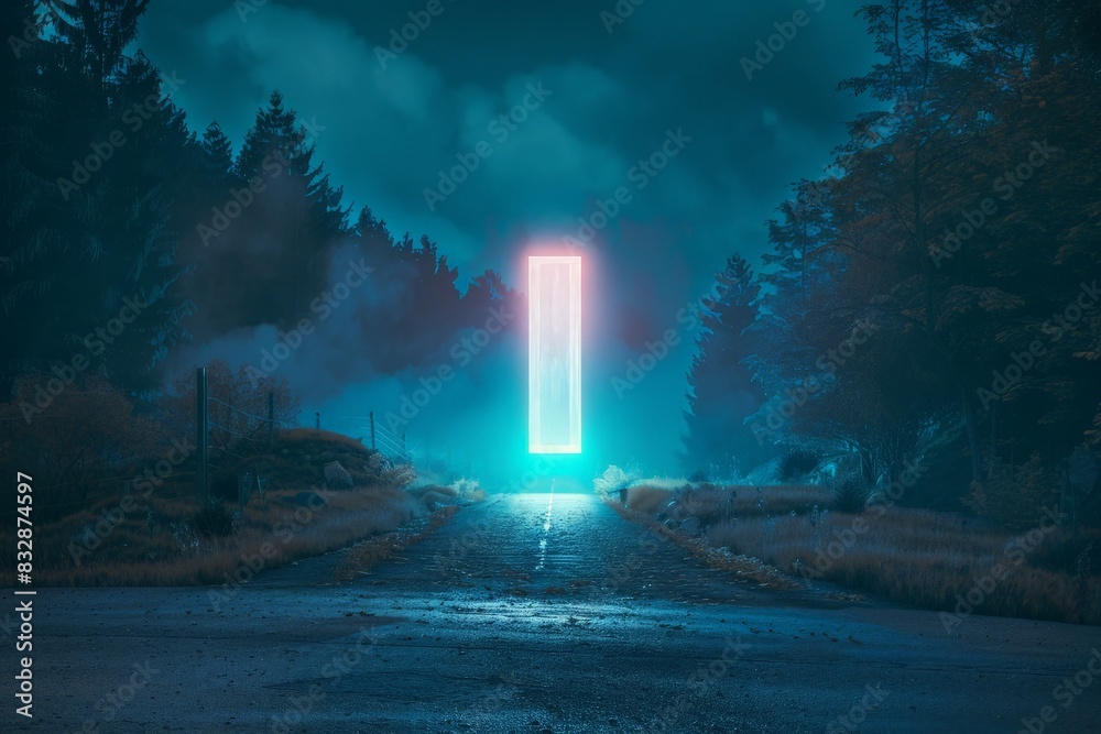 Aufkleber a compelling digital composition featuring a glowing slit-shaped portal on a desolate road, surround