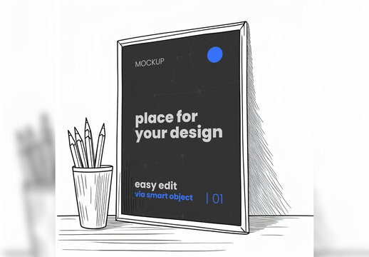 Frame Poster Mockup Linear Digital Illustration Style 03 Generative Ai