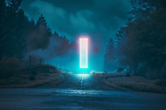 A compelling digital composition featuring a glowing slit-shaped portal on a desolate road, surrounded by foggy and mystical forest scenery