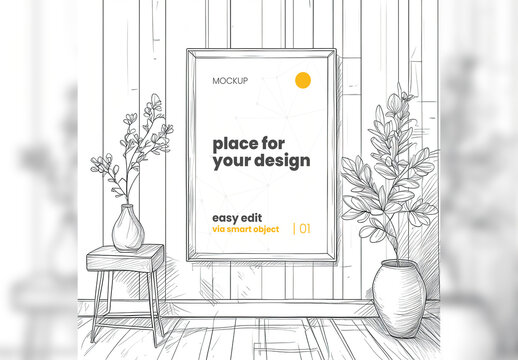 Frame Poster Mockup Linear Digital Illustration Style 07 Generative Ai