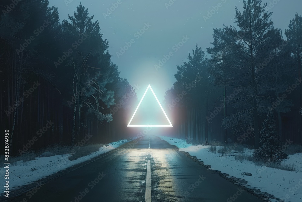Poster a mystical triangle emitting a bright light in the center of a snowy forest road, creating an atmosp