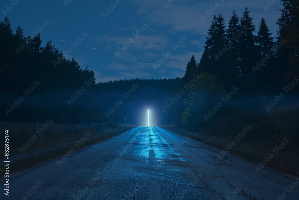 Poster an atmospheric portrayal of an ethereal gate emitting bright light on an empty country road envelope
