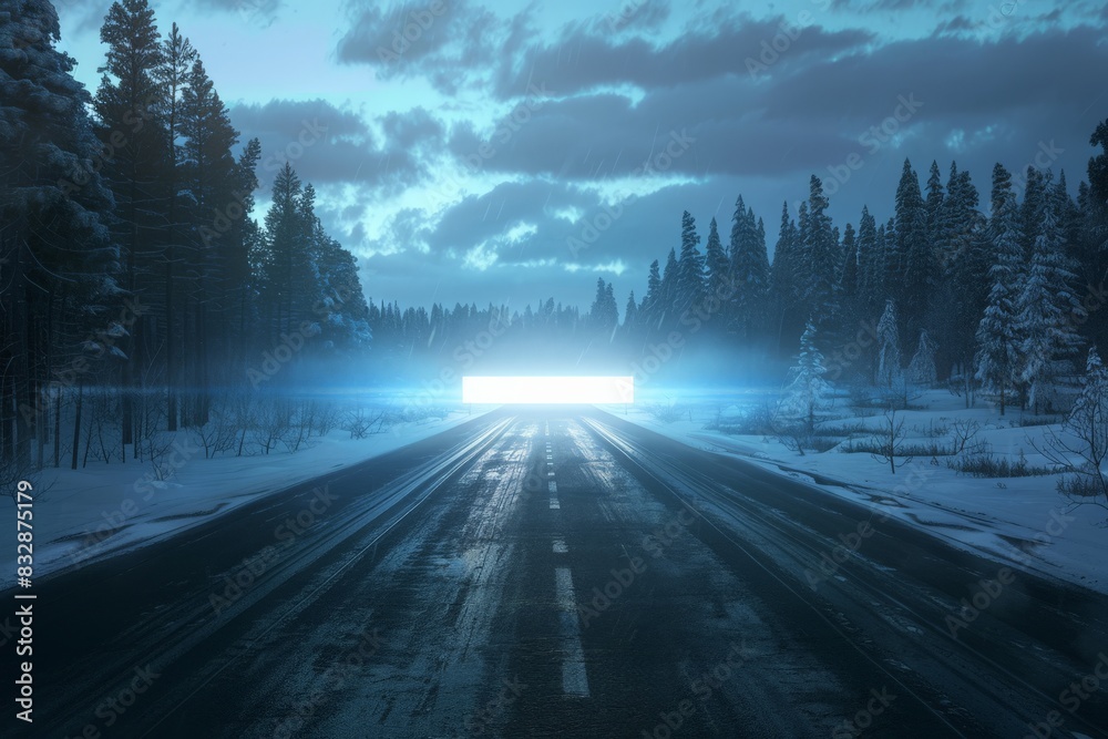 Aufkleber A captivating image featuring a luminous rectangular portal in the center of a wintry forest road under a night sky