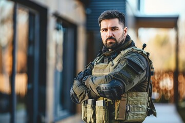 Fototapeta premium A soldier with a confident posture and equipped in full tactical gear stands in an urban environment, projecting readiness