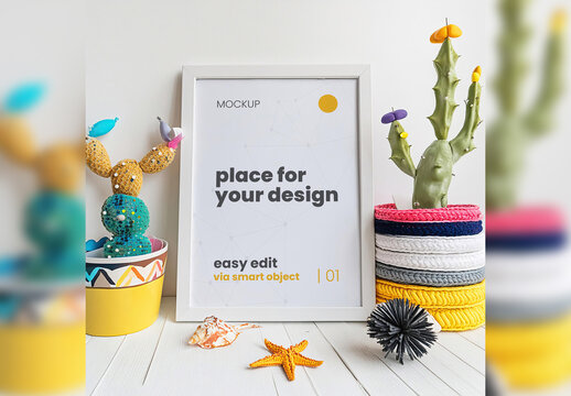 Frame Poster Mockup with Cactus and sea objects Generative Ai