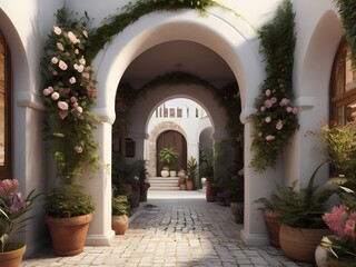 A white Archway leading into a courtyard filled with potted plants and flowers.