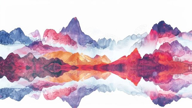 A minimalist graphic design of Chinese mountains and waters, Colorful ink landscape painting, minimalist, Chinese style architecture, with a sense of lines,colourful, minimalist style, and simple colo