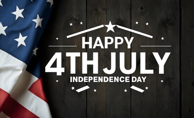 Celebrate Independence Day with a festive background featuring the words "Happy 4th of July" in patriotic colors, American flag on rustic wooden backdrop with white stars, banner template