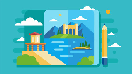 Obraz premium From the ancient ruins of Greece to the serene waters of Bali the diary was a visual journey through some of the worlds most iconic destinations.. Vector illustration