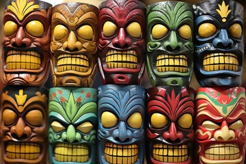 Hawaiian Colorful Wooden Masks. Hawaiian Mask. Hawaiian wooden handcrafted masks in a traditional Hawaiian market. Hawaiian culture Wooden Hawaiian masks.