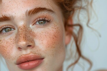 Close up beauty girl with freckles and thick eyebrows, applying moisturizing skincare cream, lotion or mask for skin lifting and anti-aging detoxifying effect, white background