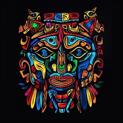 Vibrant Tribal Colorful Woodcarving Style on Black Background