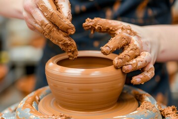Close-up of hands making clay pot on potter's wheel. Pottery concept