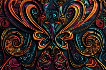 Vibrant Tribal Colorful Woodcarving Style on Black Background