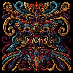 Vibrant Tribal Colorful Woodcarving Style on Black Background